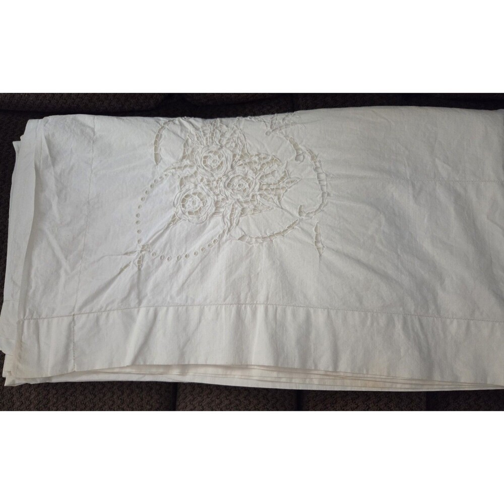 Vtg Full Flat Bed Sheet Cut Work Embroidery Heading Ivory Cotton Approx 75”x88”